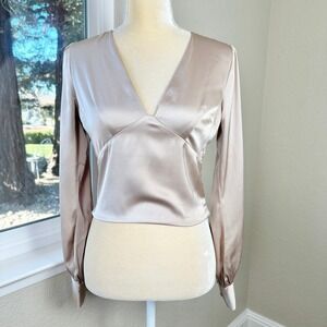 NWT Abercrombie Fitch Satin Long Sleeve Crop Top Womens S Beige